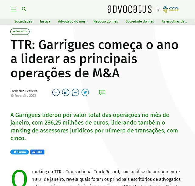 TTR: Garrigues comea o ano a liderar as principais operaes de M&A